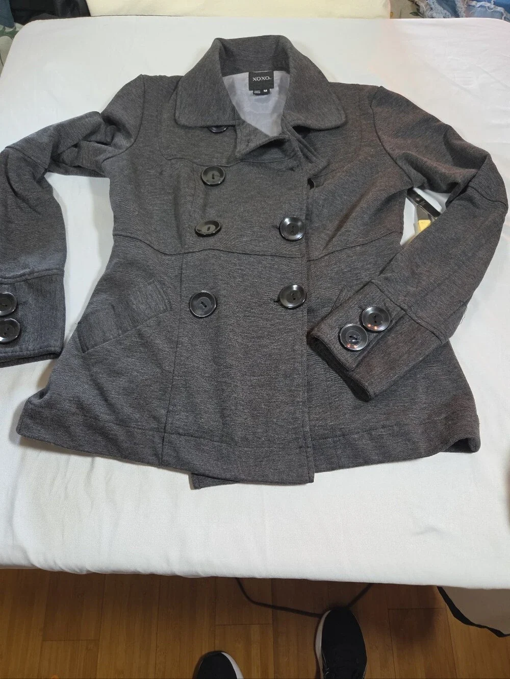 XOXO Women charcoal gray peacoat M double-breasted button closure Dark Academia